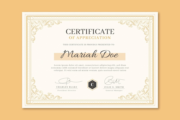 Certificado ornamental de gravura desenhada à mão