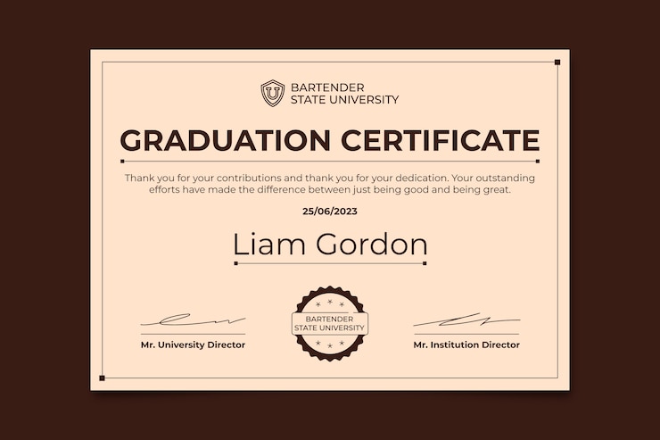 Vetor grátis certificado simples e moderno de bartender liam gordon