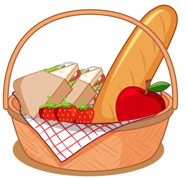 Vetor grátis cesta com muitos alimentos para piquenique isolada