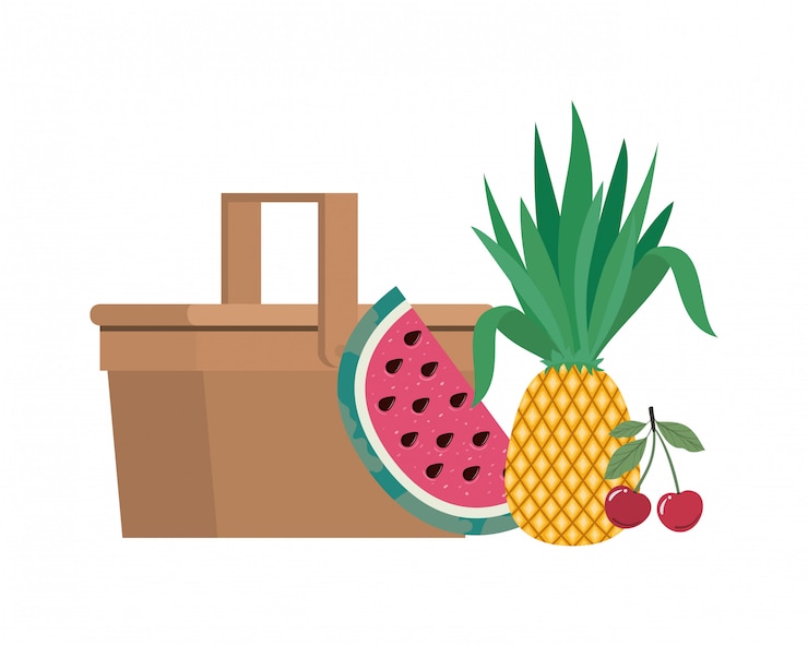 Vetor grátis cesta de piquenique com frutas tropicais em branco