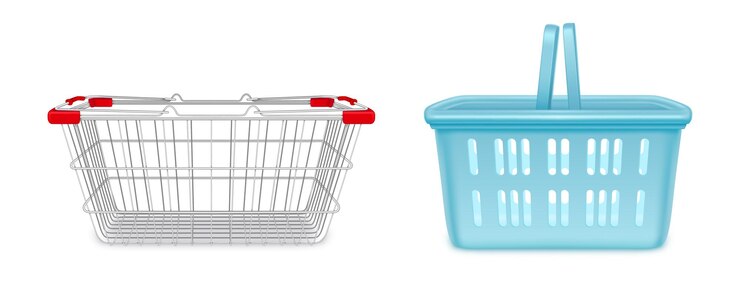 Vetor grátis cestas de compras vazias carrinhos de metal e plástico de supermercado com alças equipamento de clientes isolados para compra em loja de varejo vista lateral objeto de mercearia ilustração em vetor 3d realista