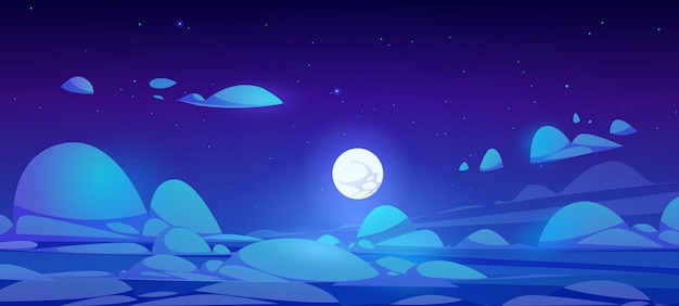 Céu noturno acima das nuvens com lua cheia e estrelas no fundo azul Ilustração vetorial dos desenhos animados do panorama nublado fofo ao luar Paisagem de atmosfera pacífica à meia-noite