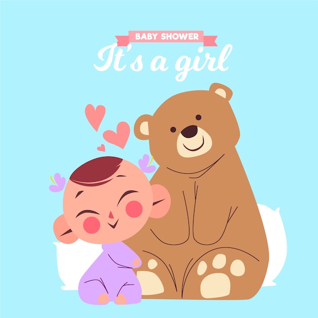 Vetor grátis chá de bebê (menina) com urso