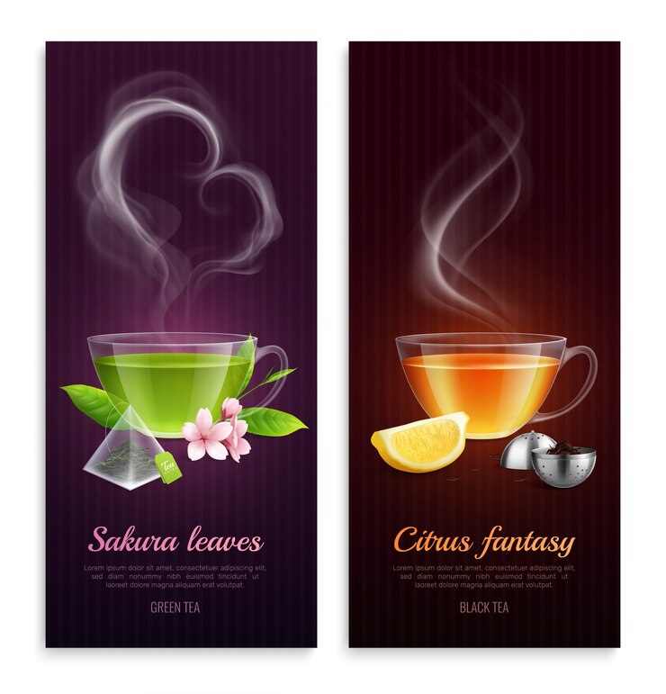 Vetor grátis chá verde e preto com folhas de sakura e aroma cítrico de fantasia promovem banners verticais com imagens de copos fumegantes realistas