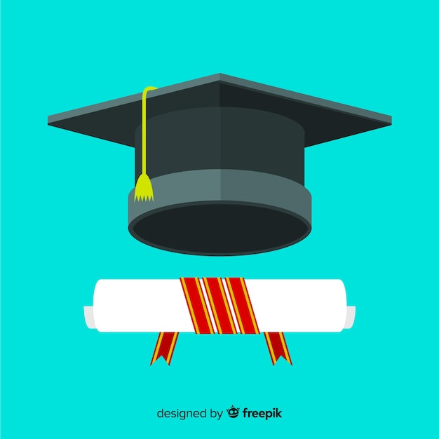 Chapéu de formatura e diploma com design plano