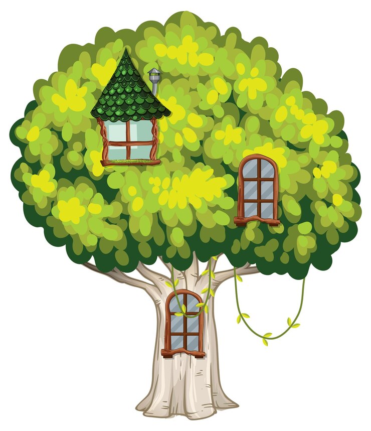 Vetor grátis charmosa casa na árvore em exuberante vegetação