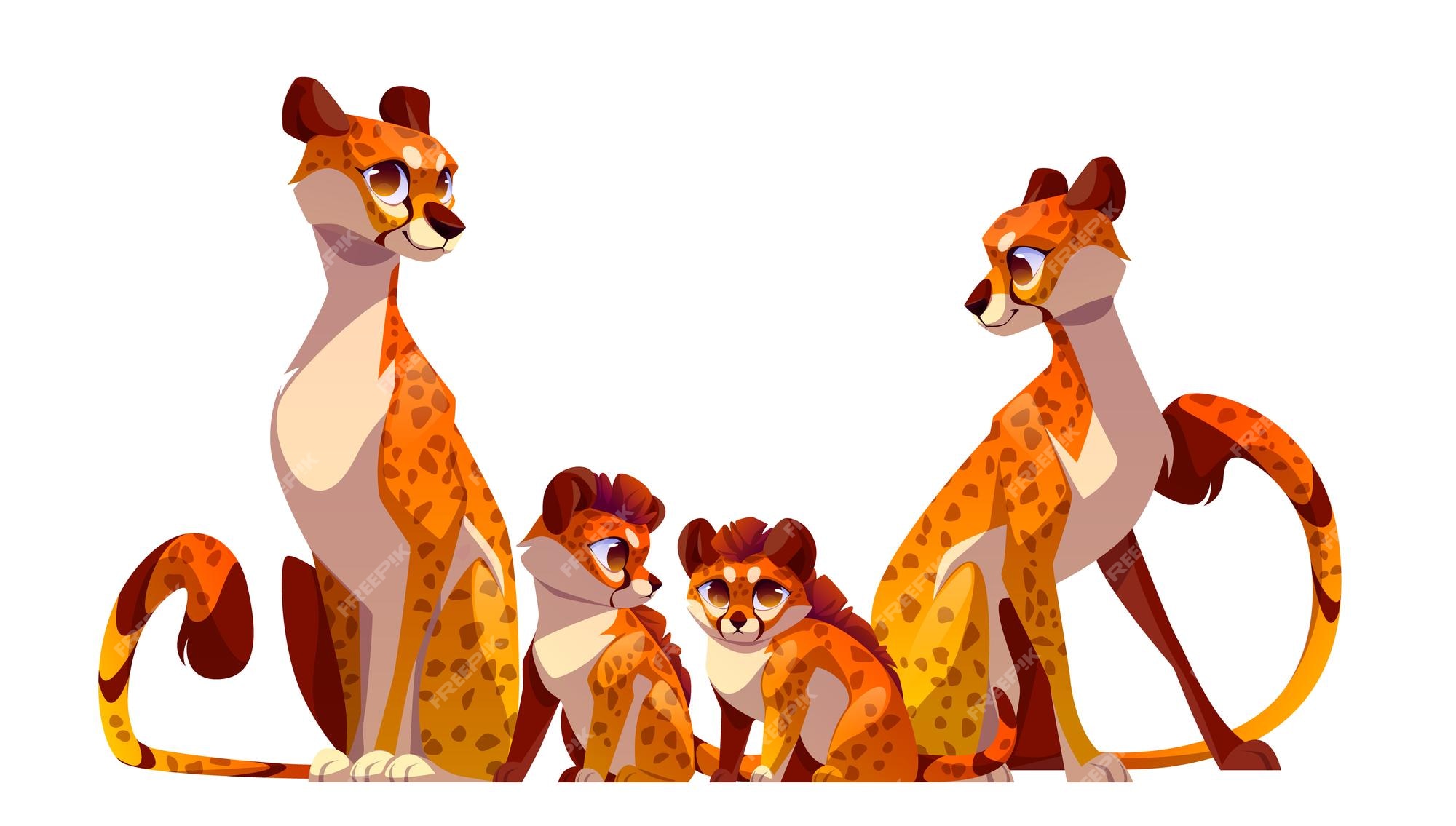 Cheetah gato família isolado vetor ilustração áfrica animal leopardo bebê  adorável com adulto mãe e pai desenho animado personagem exótico jogo ativo  clipart com cauda longa e sorriso filhote perto da mãe