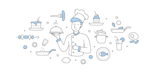 Chef com prato sob a tampa do cloche conceito de doodle de hospitalidade de restaurante Coisas de café personagem masculino usa toque e uniforme realizam refeição de cozinha saborosa culinária profissional ilustração vetorial linear