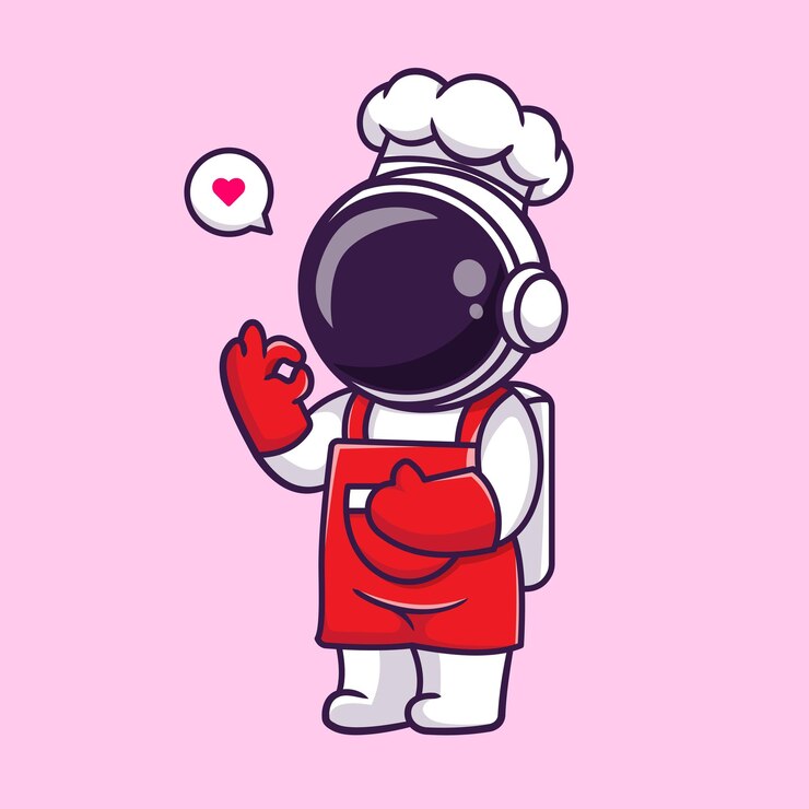 Vetor grátis chef de astronauta fofo vestindo avental dos desenhos animados ícone ilustração vetorial ícone de comida de ciência isolado plano