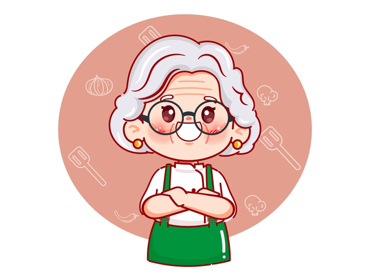 Vetor grátis chef de desenho animado bonito mulher idosa para logotipo desenho desenhado de comida de rua vector de design de logotipo premium