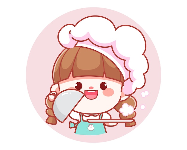 Vetor grátis chef de garota fofa segurando a bandeja do prato sobre o logotipo do banner ilustração da arte dos desenhos animados