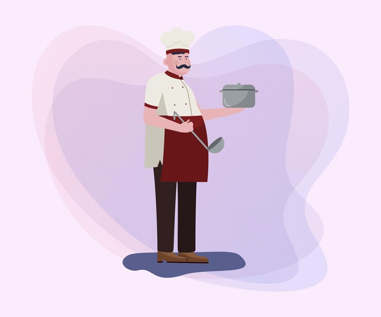 Vetor grátis chef em uniforme com panela e panela