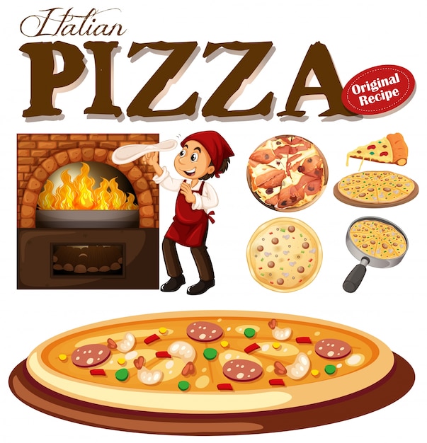 Vetor grátis chef fazendo pizza na ilustração do forno