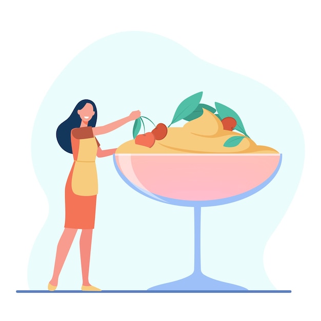 Vetor grátis chef feminino cozinhar sobremesa. sorvete com frutas vermelhas, tiramisu, tigela de vidro. ilustração de desenho animado