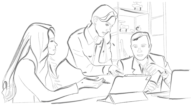 Vetor grátis chefe de mulher trabalhando no escritório com sua equipe vector line arts