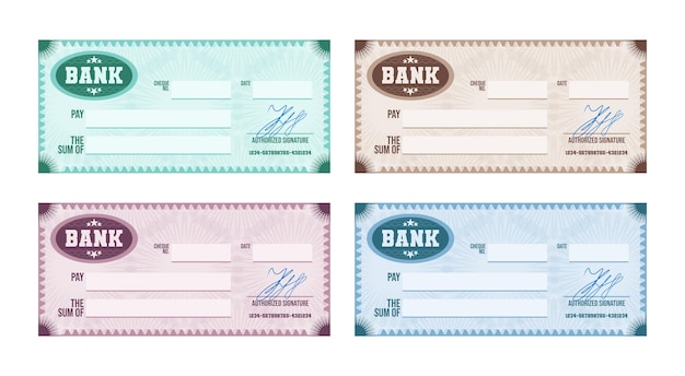 Vetor grátis cheque bancário em branco multicolorido assinado com padrão guilhoché e conjunto realista de marcas d'água isolado na ilustração vetorial de fundo branco
