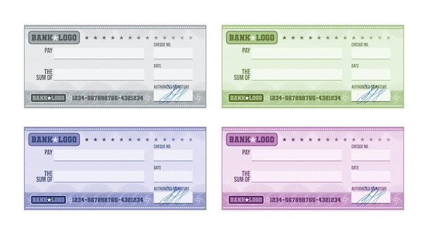 Cheque bancário em branco multicolorido com conjunto realista de assinatura manuscrita isolado na ilustração vetorial de fundo branco