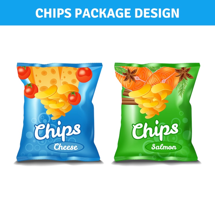 Vetor grátis chips pacote de cor para queijo e salmão gosto realista