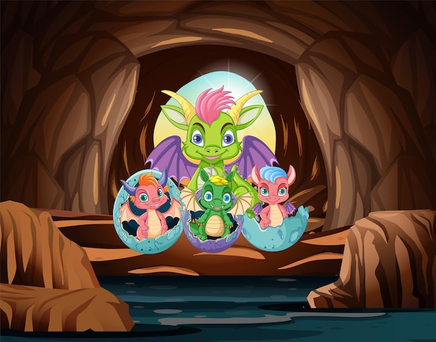 Vetor grátis chocando o bebê dragão na caverna