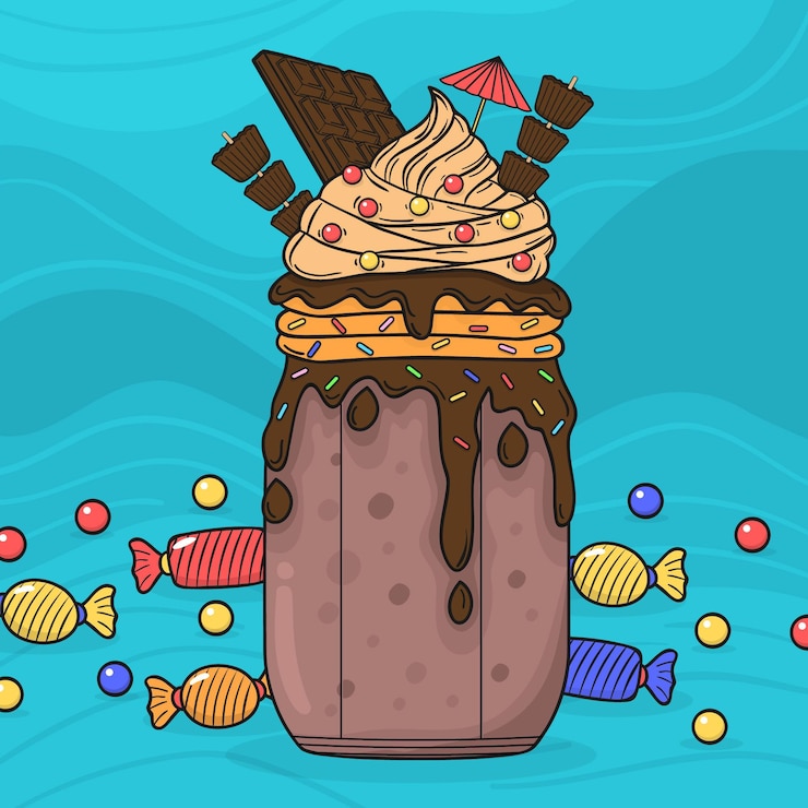Vetor grátis chocolate e doces mão desenhada monstro shakes