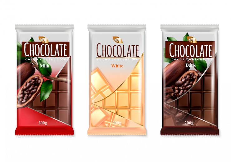 Vetor grátis chocolate publicidade conjunto realista de leite branco escuro delicioso luxo marca bares embalagem design isolado