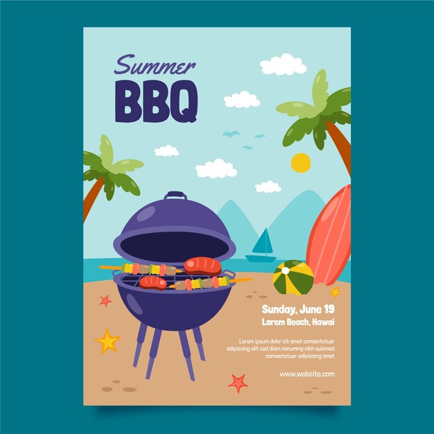 Churrasco de verão desenhado à mão no cartaz de praia