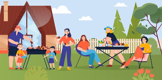 Churrasco no cartaz plano dacha com grande família descansando no gramado da ilustração vetorial de casa de campo