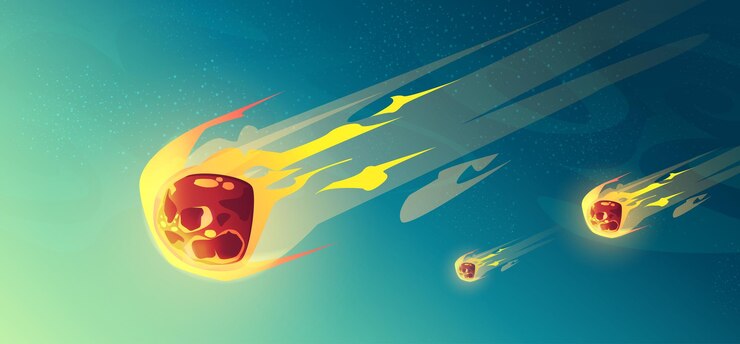 Vetor grátis chuva de meteoros, asteróides ou meteoritos voando no céu estrelado à noite. fim da era jurássica, cometas com trilha de fogo caindo na terra ou planeta alienígena, cena astronômica ou de fantasia, ilustração em vetor de desenho animado