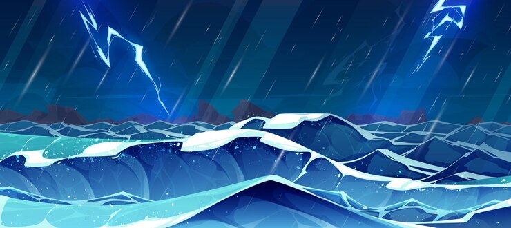 Vetor grátis chuvas e relâmpagos tempestuosos do seascape dos desenhos animados