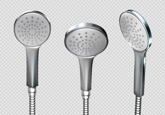 Chuveiros com mangueiras de metal e bocais para o fluxo de água, dispositivo de banheiro portátil, banheiro moderno padrão isolado em fundo transparente Ilustração 3D realista, conjunto de ícones