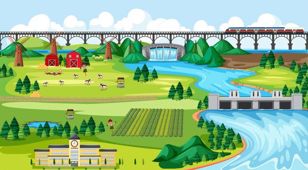 Cidade de campo agrícola e trem do céu escola e ponte com estilo cartoon de cena de paisagem de lado de barragem