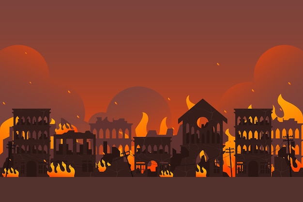 Cidade de design plano em fundo de fogo