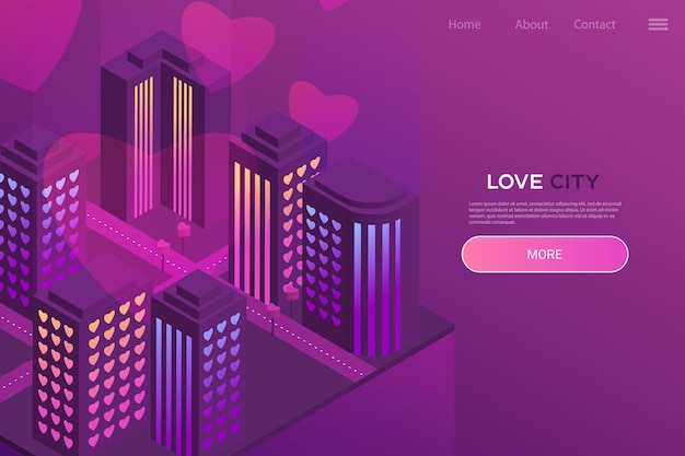 Cidade do amor - ilustração isométrica de néon. design para site, aplicativo. estilo isométrico moderno. conceito de amor, dia dos namorados