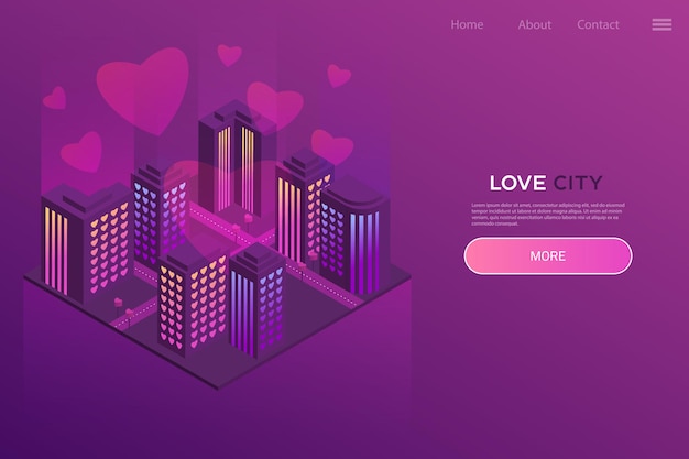 Cidade do amor, ilustração isométrica de neon. design para site, aplicativo. estilo moderno Vetor Premium