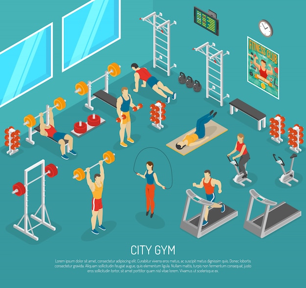 Cidade fitness gym center isometric poster