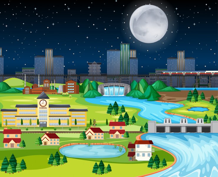 Vetor grátis cidade natal do parque da cidade à noite temática com a cena da paisagem da lua