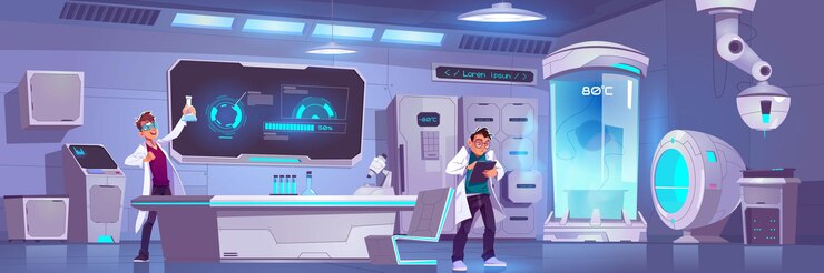Vetor grátis cientistas em laboratório conduzem experimentos, pesquisa científica masculina em criônica ou laboratório químico
