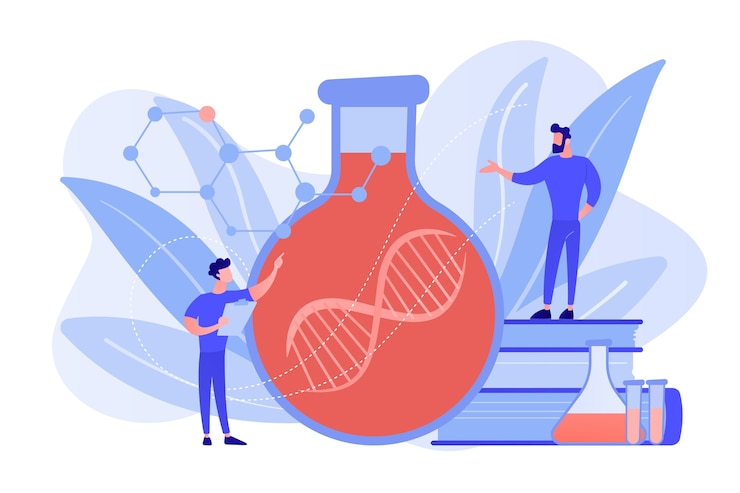 Vetor grátis cientistas em laboratório trabalhando com uma enorme cadeia de dna no bulbo de vidro. terapia gênica, transferência gênica e conceito de gene em funcionamento em fundo branco. ilustração de vetor isolado de coral rosa