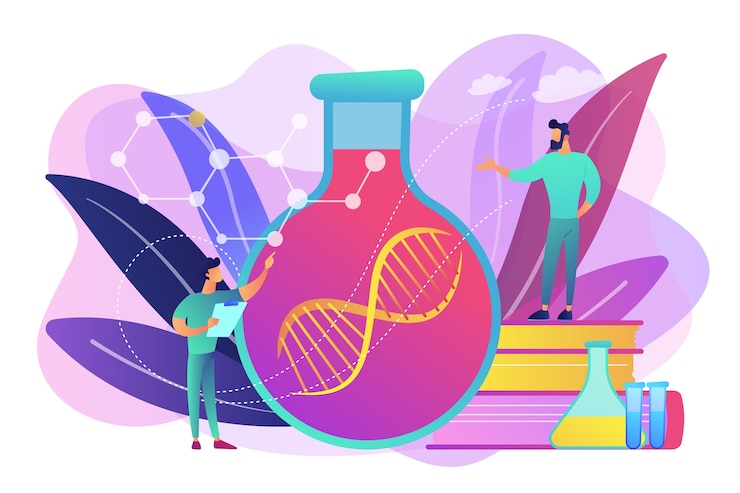 Vetor grátis cientistas em laboratório trabalhando com uma enorme cadeia de dna no bulbo de vidro. terapia gênica, transferência gênica e conceito de gene funcional em fundo branco. ilustração isolada violeta vibrante brilhante
