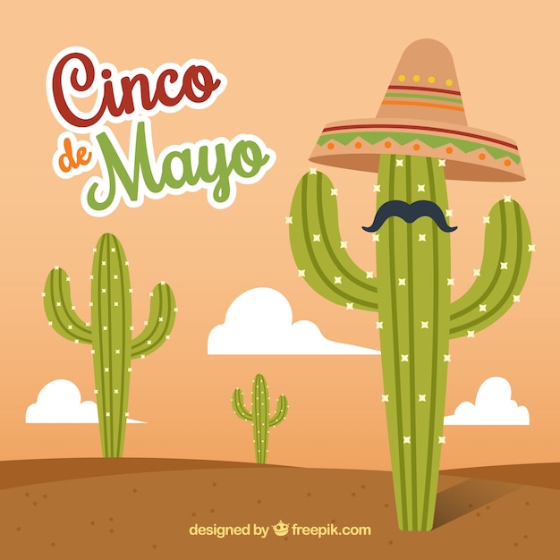 Cinco de mayo fundo de cactus com chapéu e bigode