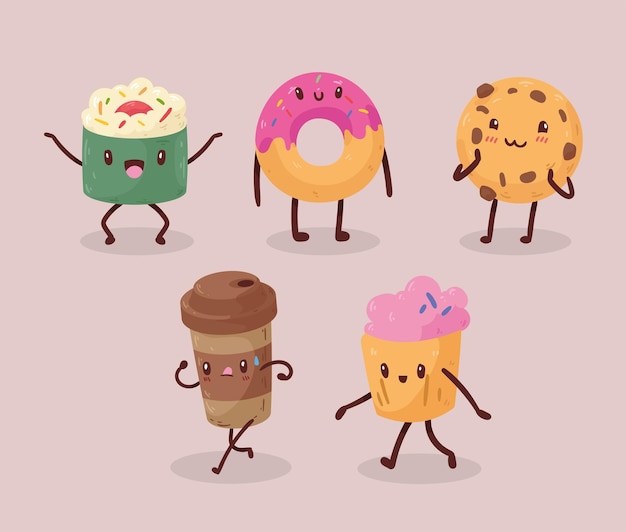 Cinco personagens de quadrinhos de comida kawaii