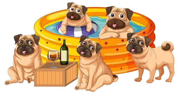 Vetor grátis cinco pugs brincando na piscina