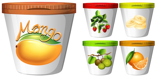 Vetor grátis cinco xícaras de iogurte com ilustração de frutas