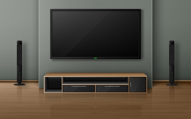 Cinema em casa com tela de tv e alto-falantes na moderna sala de estar. interior realista com televisão de plasma pendurada na parede, sistema de som estéreo e suporte no chão de madeira