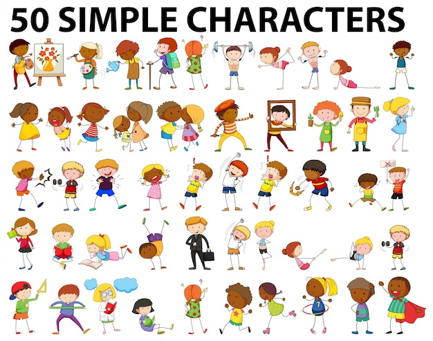 Cinqüenta personagens simples fazendo diferentes atividades ilustração