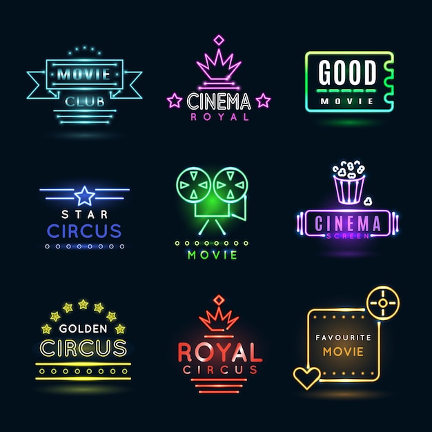 Vetor grátis circo de néon e emblemas de cinema ou filme. programa de cinema, cinema brilhante em outdoor, filme de cinema em banner, ilustração de emblema de entretenimento de circo