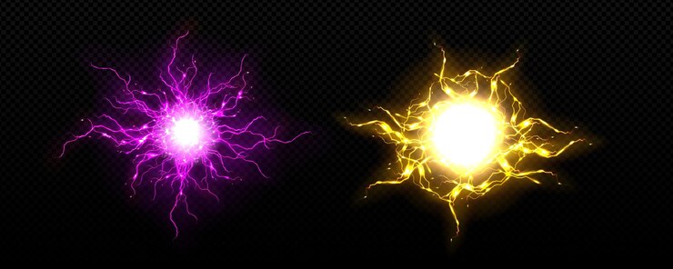 Vetor grátis círculo de parafuso realista com efeito de vetor de explosão de relâmpago descarga de bola de poder de trovão elétrico 3d elemento de laser de explosão de tempestade de néon isolado ilustração de sucesso de bola de fogo de faísca transparente