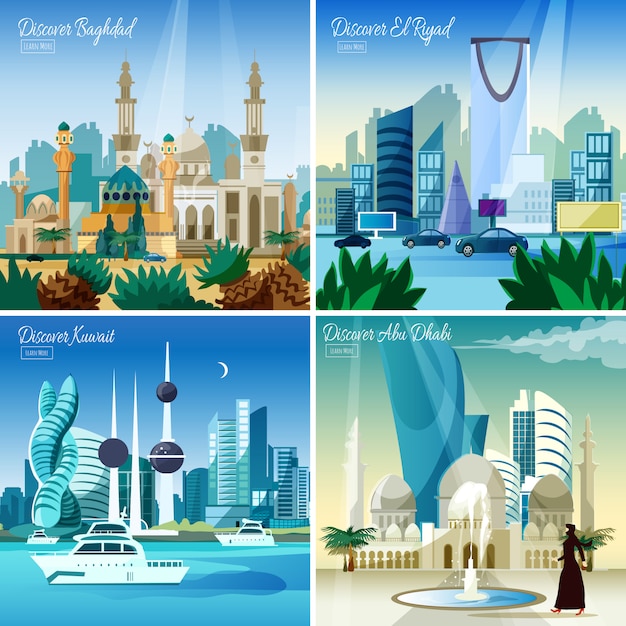 Cityscape árabe 4 ícones quadrados plana