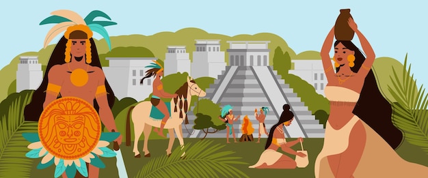 Civilização maia com nativos maias no fundo com antigas construções em pirâmide e árvores verdes ilustração plana