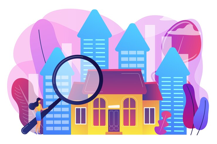 Vetor grátis cliente imobiliário com lupa à procura de um imóvel à venda. mercado imobiliário, transações imobiliárias, conceito de mercado imobiliário. ilustração isolada violeta vibrante brilhante
